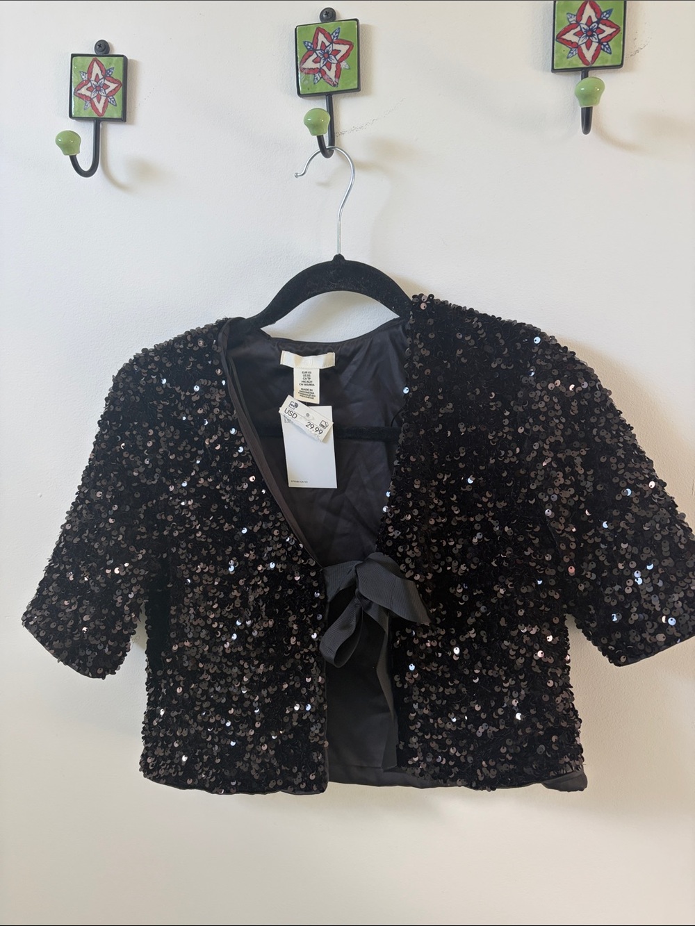 Sequin Tie-Front Kids Jacket - Black